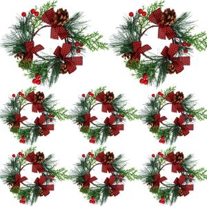 Yilloog 8 Sets Christmas Candle Rings Wreaths Berry Pinecone Red Poinsettia Candle Wreaths Rings Mini Candleholders Xmas Wreath Holder for Christmas Centerpiece(Delicate)
