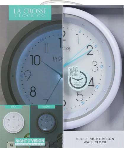 La Crosse Clock 10 Inch Night Vision White Silent Quartz Analog Clock, 404-4525