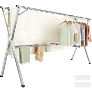SONGMICS Clothes Drying Rack, Heavy-Duty Laundry Drying Rack, 56.3-93.7 Inches Extendable, Foldable Freestanding Airer, Stainless Steel, for Indoor Outdoor Use, Dove Gray ULLR903E01