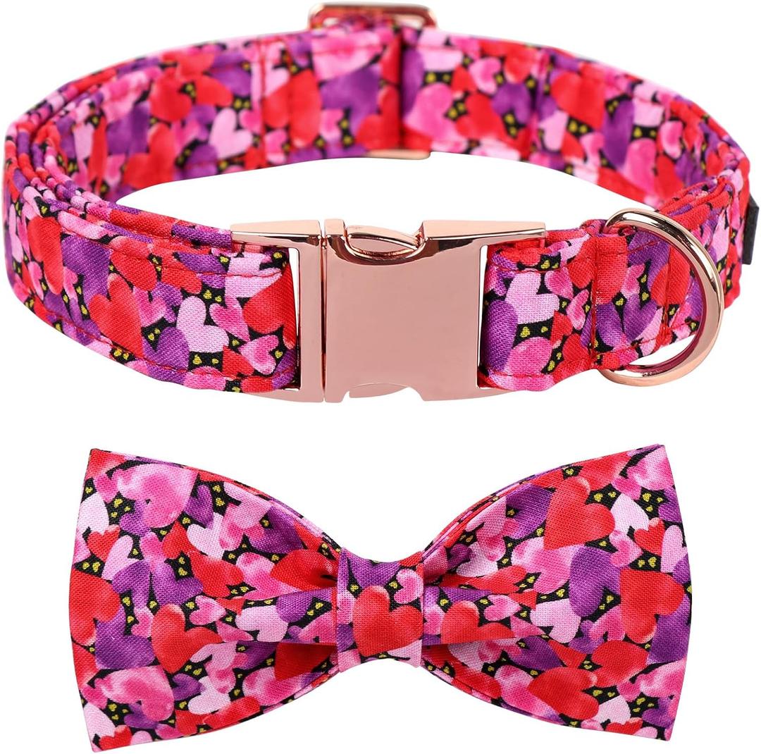 Maca Bates Valentine's Day Dog Collar with Fancy Bow for Medium Girl Boy Dogs,Tiedyed Love Hearts Pattern,Adjustable Durable Soft Valentine Gift for Female Male Puppy