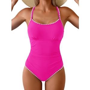 Eomenie Women's One Piece Swimsuit Tummy Control Slimming Bathing Suit Ruched Swimwear Tie Back Shell Stitch Swim Suit (Pink, M)