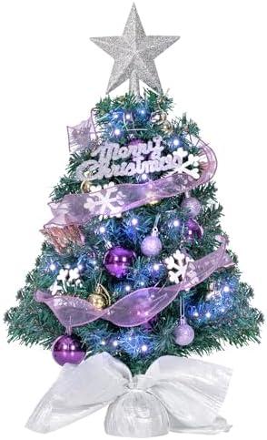 LOENIY 24In Tabletop Christmas Tree, Mini Christmas Tree with DIY Ornaments 35 LED Lights Star Treetopper, Small Xmas Artificial Tree for Holiday Indoor Christmas Decoration (Purple)
