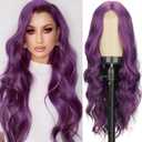 WERD Long Purple Wavy Wig for Women 26 Inch Middle Part Heat Resistant Dark Purple Synthetic Wig with Natural Curls for Cosplay Daily Party Use