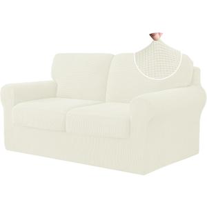 CHUN YI 5 Piece Loveseat Covers, Stretch Couch Covers for 2 Cushion Couch with Separate Backrest and Cushion Covers, Anti-Slip Washable Furniture Protector for Dogs Pets (Medium, Cream)