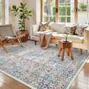 Lahome Floral Washable Area Rugs 5x7, Soft Beige Rugs for Living Room Bedroom, Boho Non Slip Low Pile Forest Design Large Throw Carpet for Farmhouse Dining Room Nursery Giverny, Beige/Blue