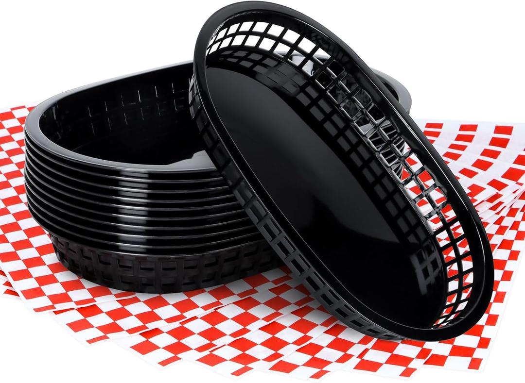 Plastic Food Baskets with Liners,120 Sheets Red Checkered Deli Paper Liners and 12 Black Fast Food Basket Bulk, Classic Reusable Baskets with Waxed Paper Liners (Black Baskets & Red Liners)
