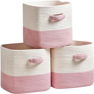 Storage Cube Baskets for Organizing 11 inch-3 Pack- Square Baskets for Cube Storage, Closet Storage Bins - Woven Cube Storage Bins for Shelves- Cube Drawer- Ideal for Toy Storage White & Pink (White & Pink)
