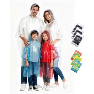 Hitituto Rain Ponchos Family Pack – Disposable Poncho for Kids&Adults with Drawstring Hood, Waterproof, Lightweight & Breathable, Clear & Assorted Colors – Emergency Raincoat for Travel, Theme Parks