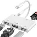Lightning to HDMI Adapter for iPhone, 6 in 1 TF & SD Card Reader with Charging Port, HDMI Adapter to TV /Monitor/Projector/USB Drive/MIDI /Keyboard/Mouse Suitable for Meeting Speech and Teaching