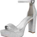 Ankis Chunky Platform Heels - 4 Inch Block Heeled Sandals for Women - Comfortable Open Toe Strappy Heels - Black, Nude, White, Silver, Gold - Summer Dress Shoes (Gray) 8