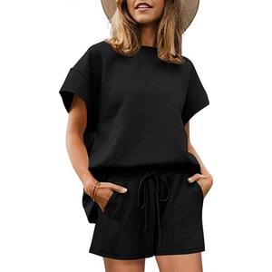 Tankaneo Womens Loungewear Set Short Sleeve Tops and Shorts 2 Piece Outfits Matching Lounge Pajama Set with Pockets, Size L