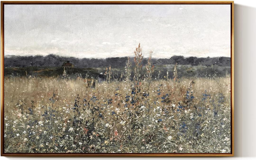 InSimSea Golden Framed Vintage Canvas Wall Art Wildflower Field 24x36In, Rustic Meadow with Flowers Vintage Floral Landscape Art Print, Modern Country Farmhouse Bedroom Bathroom Botanical Wall Decor
