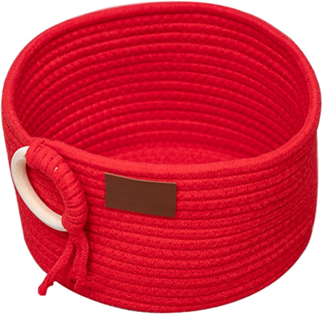 Red Cotton Rope Storage Basket with Wooden Ring & PU, 9.84 * 9.84 * 5.91 Inches, Organizer for Home & Office