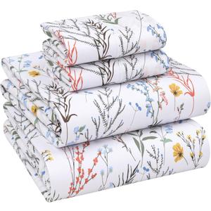 RUVANTI 100% Cotton Sheets Queen Size Percale Bedding, Cooling & Breathable Floral Design, Durable with a Crisp, Soft & Comfortable Feel, 16" Deep Pocket, 4-Piece Set, Aroma