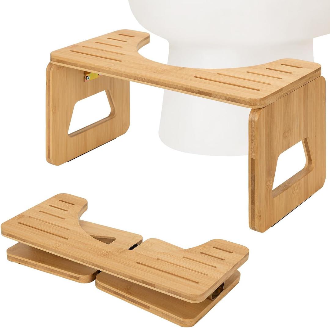 Toilet Stool Squat Adult and Kids - 8 Inches Foldable Poop Stool for Bathroom Bamboo Flip Potty Stool with Anti-Slip Layer - Improve Bathroom Posture and Comfort (Natural Color)