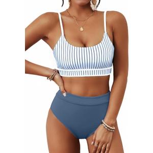 BMJL Women's High Waisted Bikini Ribbed Two Piece Swimsuit High Cut Color Block Adjustable Straps Bathing Suit (Medium)