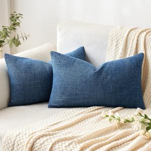 MIULEE Pack of 2 Decorative Linen Burlap Coastal Pillow Covers Farmhouse Accent Pillowcases for Sofa Car Couch Bedroom Living Room Decor 12x20 Inch Blue