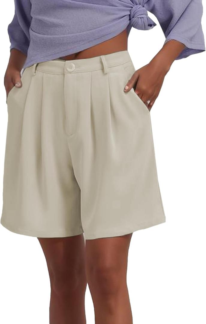 Famulily Womens Pleated Bermuda Shorts for Summer Casual High Waisted Wide Leg Shorts with Pockets (Medium, Beige) Famulily Womens Pleated Bermuda Shorts for Summer Casual High Waisted Wide Leg Shorts with Pockets (Medium, Beige)