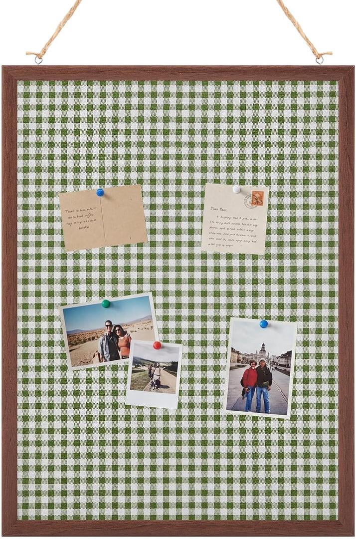 Leinuosen 17 x 23 Cork Board for Walls Decorative Cork Boards Green Gingham Home Decor Small Linen Bulletin Board Framed with Pins for Home Room School Office Decor, 23.6" x 18.1"