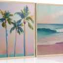 2Pcs Pink Beach Canvas Wall Art, Peach Palm Tree Canvas Print Wall Decor Preppy Prints Artwork Painting Beach Decoration for Gallery Living Room Bedroom, Unframed (16x24inch) (24L" x 16W")