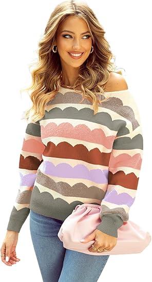 Chic Gray Wave Striped Balloon Sleeve Drop Shoulder Sweater for Women 2XL