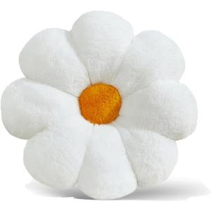 17.7" White Flower Pillow Decorative Throw Cushion  Plush Faux Rabbit Fur, Cute Girls Pillow for Bedroom & Dorm Decor