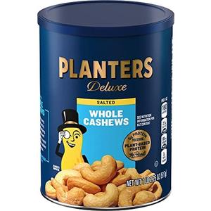PLANTERS Deluxe Salted Whole Cashews, Party Snacks, Plant-Based Protein, Quick Snack for Adults, After School Snack, Roasted Cashew Flavored with Sea Salt, Bulk Nuts, Kosher, 1 lb 2.25oz Canister, Pack of 2