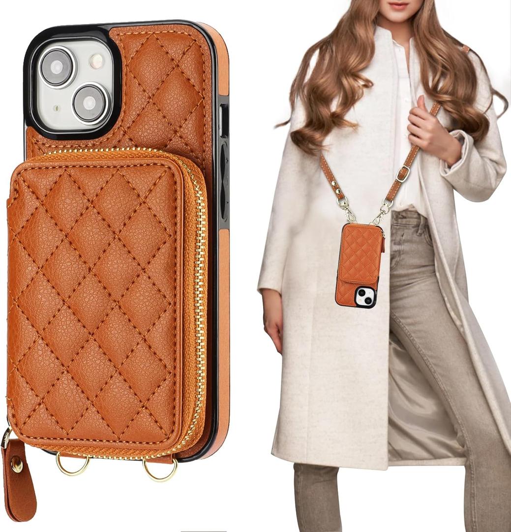 Bocasal Crossbody Wallet Case for iPhone 15, RFID Blocking PU Leather Zipper Handbag Purse Flip Cover, Kickstand Folio Case with Card Slots Holder Wrist Strap Lanyard 5G 6.1 Inch (Brown)