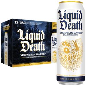 Liquid Death Still Mountain Water, Real Mountain Source, Ice-Cold Cans, Infinitely Recyclable, King Size 19.2 Fl Oz (Pack of 12) (EXP 12/17/26)