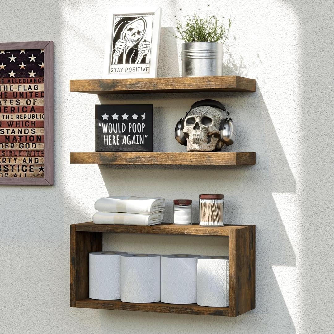 RICHER HOUSE Floating Shelves Set of 3, Modern Bathroom Shelves Wall Mounted Shelves with Invisible Brackets Over Toilet, Rustic Wall Shelves for Bathroom Bedroom, Living Room, Kitchen - Brown (2+1)