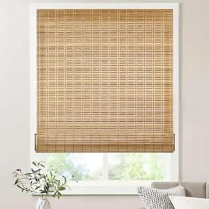 LazBlinds No Tools No Drill Bamboo Roller Shades, Cordless Bamboo Blinds, Light Filtering Roll Up Blinds for Windows, French Door, Porch or Patio Privacy Screen, 29'' W x 64'' H, Brown206