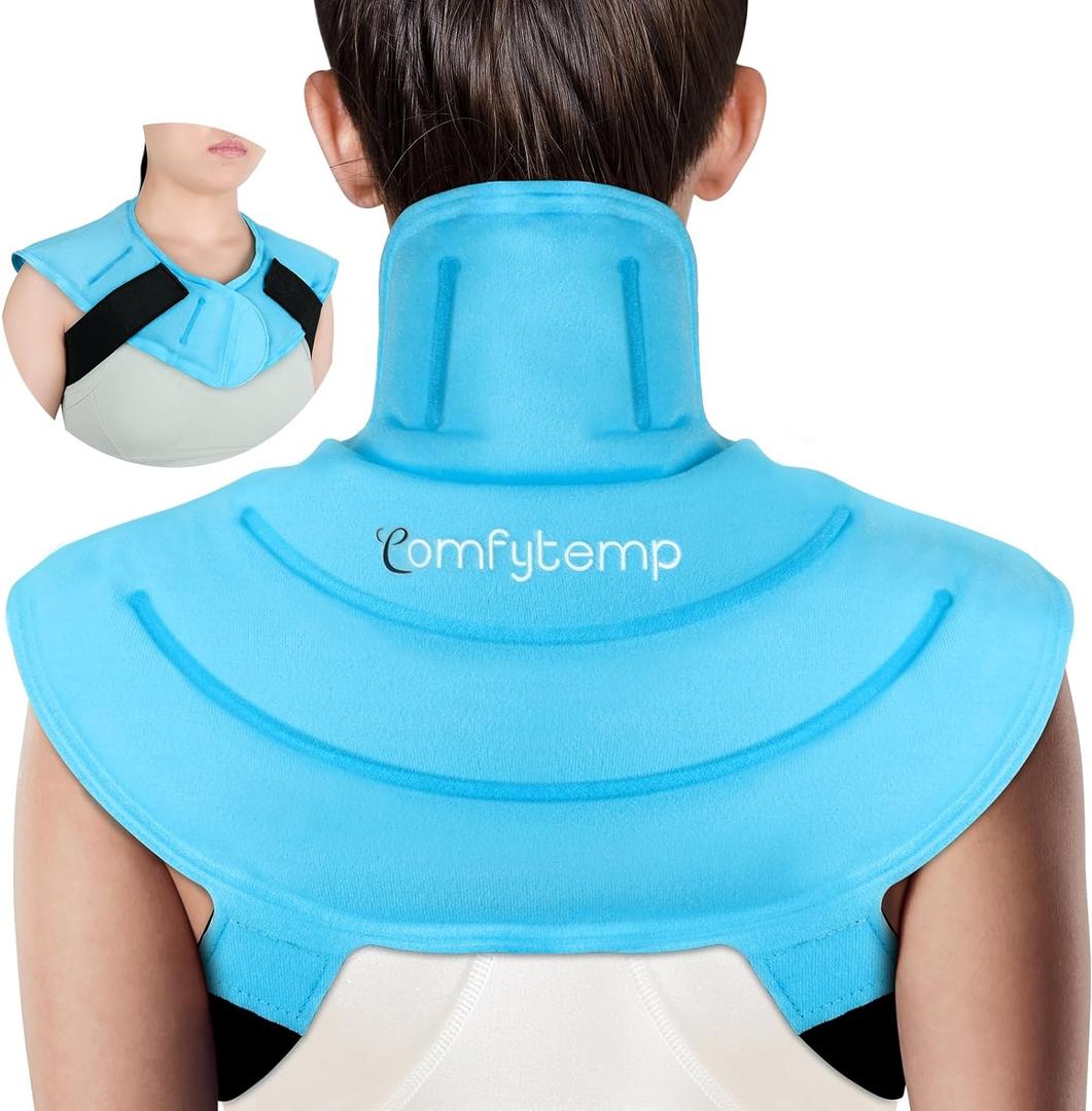 Comfytemp Ice Pack for Neck Shoulders Pain Relief, Reusable Gel Shoulder Ice Pack Wrap, Cold Compression Therapy for Upper Back, Cervical Injuries, Rotator Cuff, Recovery Items (Small, Bright Blue)