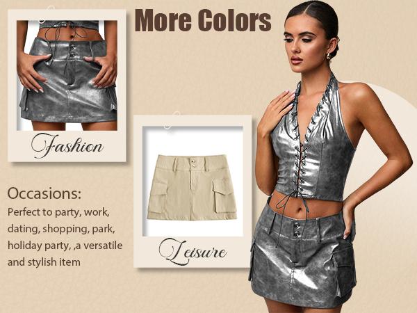 WDIRARA Women's PU Leather Cargo Skirt Retro Low Waist Button Mini Skirt with Flap Pockets, X-Small