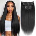Yaki Straight Clip in Hair Extensions Real Human Hair 8Pcs Remy Human hair Clip ins for Women, Natural Soft Human Hair 120g 20inch #1B Natural Black