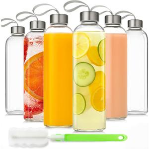 18oz Glass Juice Bottles with Lids Carry Strap, Reusable Glass Water Bottle BPA Free Leakproof Wide Mouth Smoothie Tea Coffee Cold Brew Storage Refrigerator Safe, 6 Pack