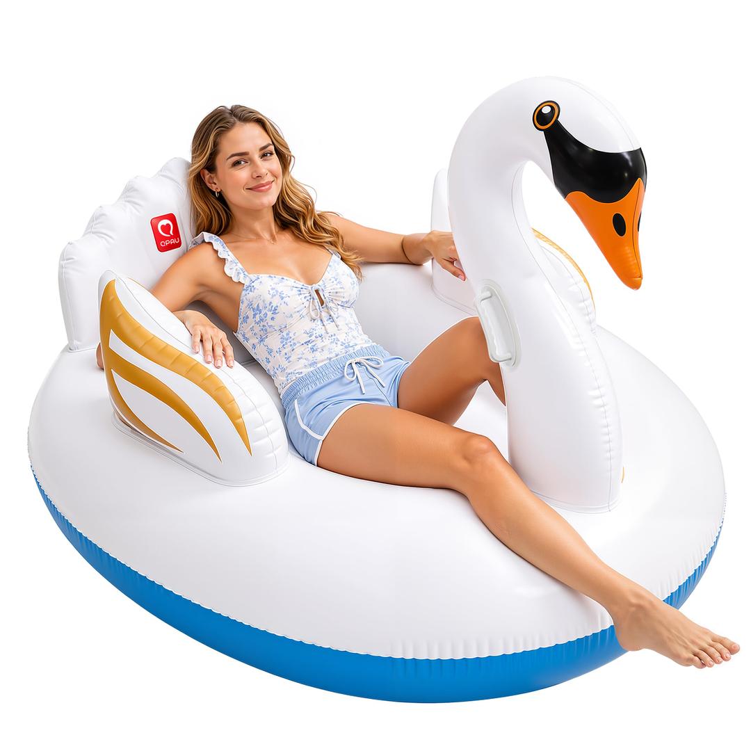 QPAU Swan Pool Float, Classic White Inflatable Animal Design, Medium