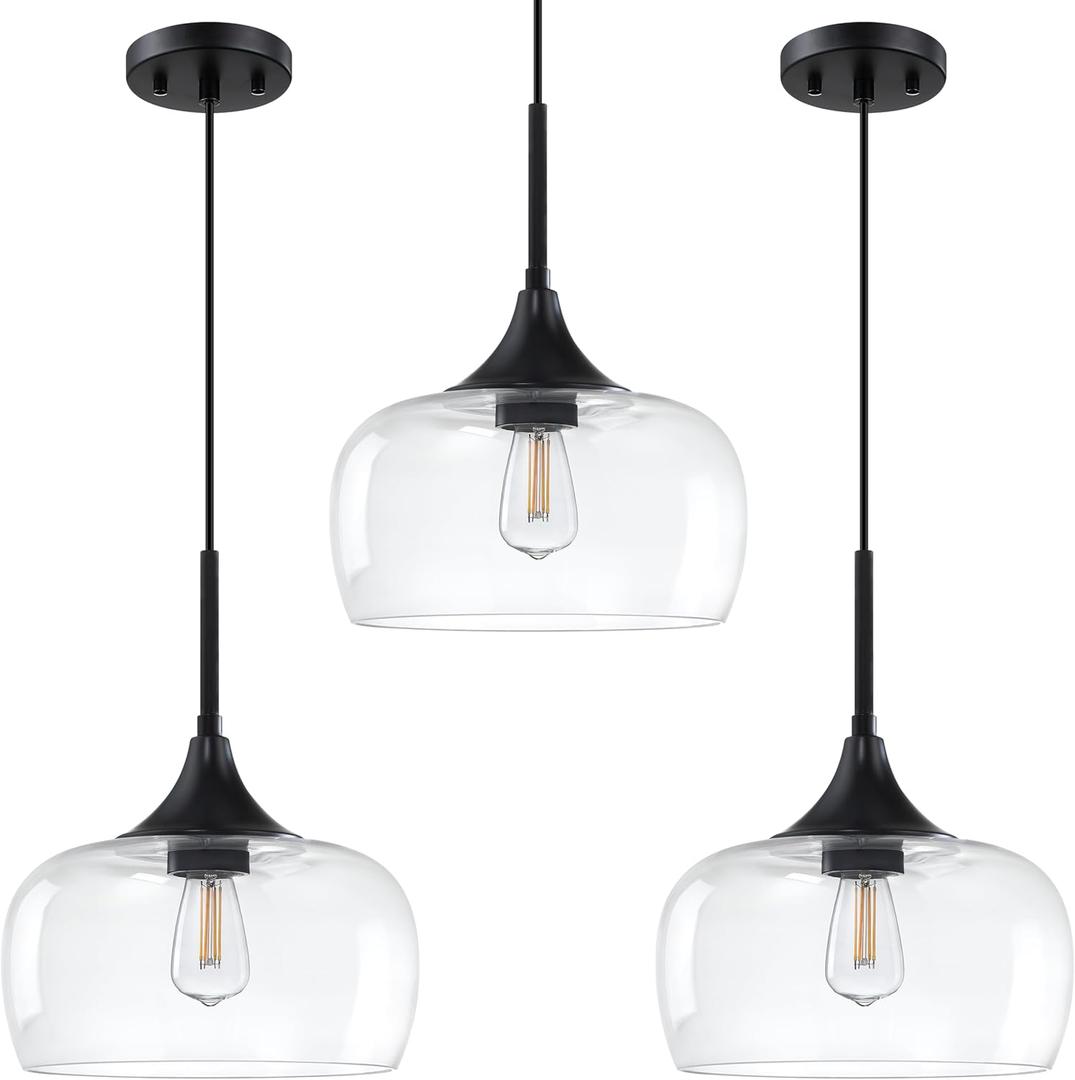 3 Pack 1 Light Hanging Indoor Kitchen Island Pendant Ceiling Light Fixture,10" Clear Drum Glass ShadeBlack Finish Modern Farmhouse Dinning Over Sink