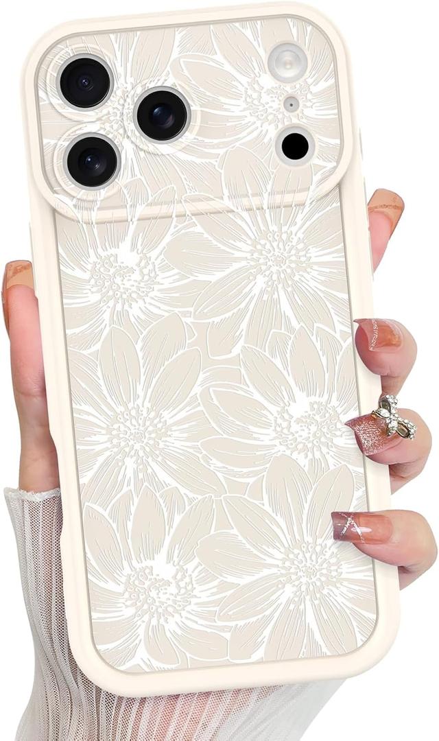 MZELQ for iPhone 17 Pro Max Case 2025 Case, Silicone Sunflower Floral Flower Cute Pattern, Camera Protection Soft Slim Shockproof for Girls Women -White
