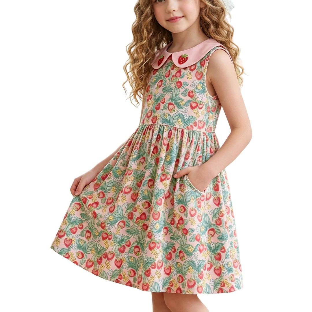 Little Bitty Strawberry Dresses Toddler Girls Cotton Sleeveless Casual Beach Summer Sundress Swing Princess Dress Pink 6T
