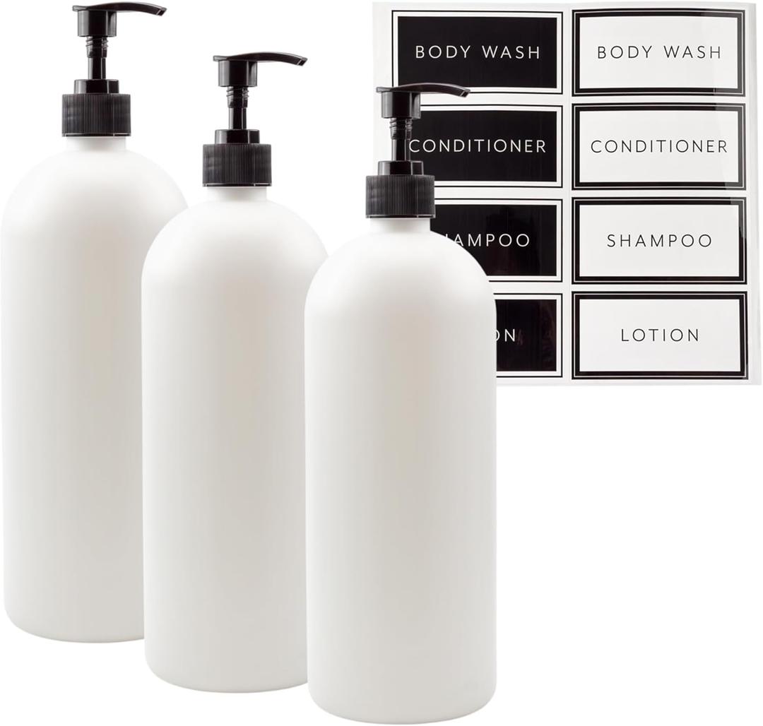 Cornucopia Brands Shower Pump Bottles (Set of 3, White); 32oz Plastic Pump Dispensers for Shampoo, Conditioner, and Body Wash