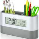 Pencil Holder, Pen Holder with Digital LCD Clock Calendar Timer Temperature Display for Home Office Desktop Pencil Cup Electronic Pencil Cup Multifunctional LED Desk Clock 15 x 4.7 x 8cm