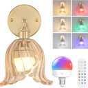 Vintage Battery Operated Wall Sconce, Rechargeable Battery Powered Wall Sconces with Remote Control, Wireless Dimmable LED Light for Bedside Indoor Living Room (Amber Lily)
