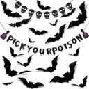 40 Pieces Halloween Banner Set, Includes 8 Skull Banner 16 Glittery Pick Your Poison Paper 16 Bat Stickers Spooky Party Decor for Halloween Haunted House