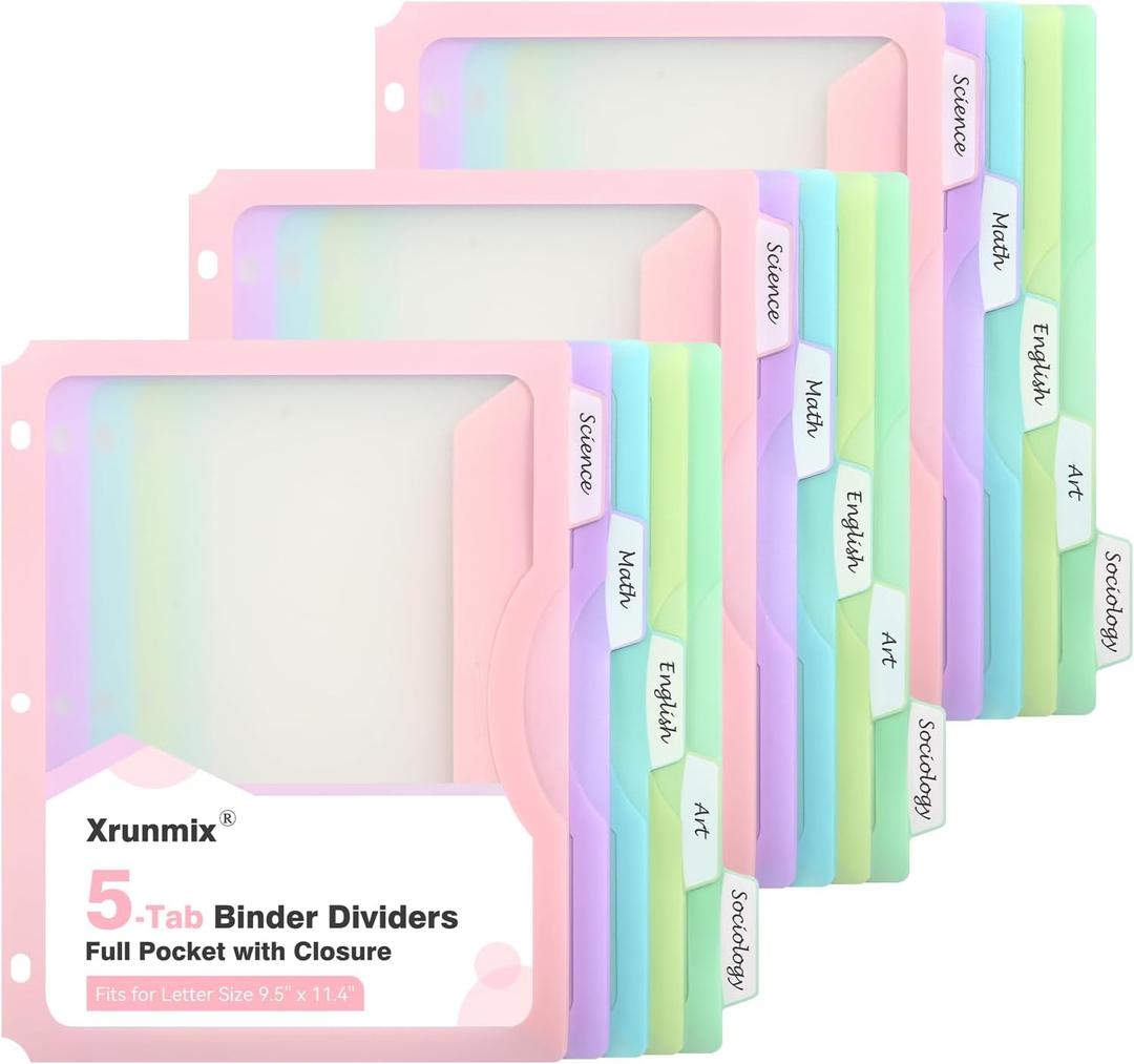 15 Counts Dividers with One Full Pocket, 5-Tab Binder Dividers for 3 Ring Binder, Recipe Binder Dividers for US Letter Size 8.5 x 11', Index Dividers for Back to School, Pastel Color (3)