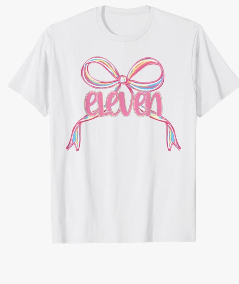 Hello Eleven Coquette Preppy Pink Bow 11th Birthday Girl T-Shirt - Large, White