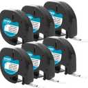 DYMO Authentic LT Plastic Labeling Tape for LetraTag Label Makers, 1/2" (12mm), Black Print On White Tape, 6-Pack