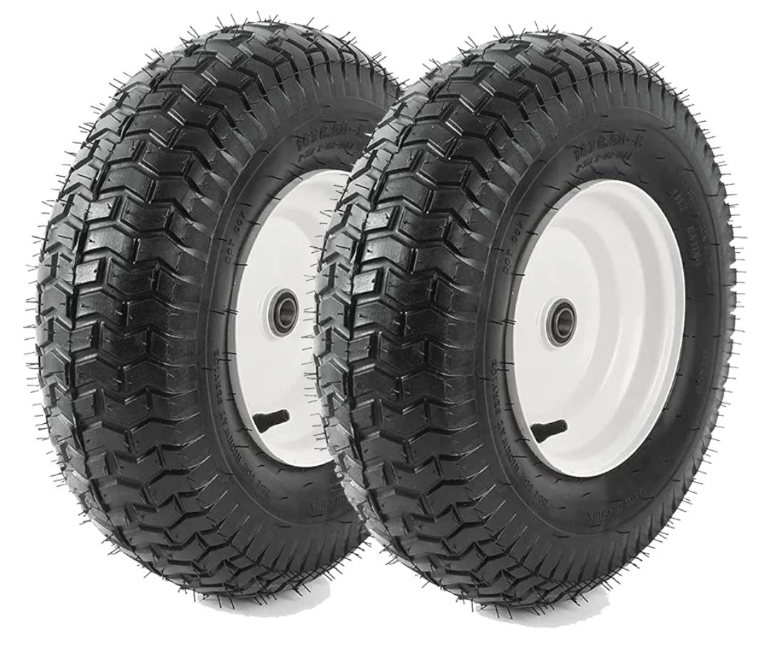 (2-Pack) 16x6.50-8 Tubeless Tires on Rim - Universal Fit Riding Mower and Yard Tractor Wheels - With Chevron Turf Treads - 3” Offset Hub and 3/4” Bearings - 4 Ply with 615 lbs Max Weight Capacity