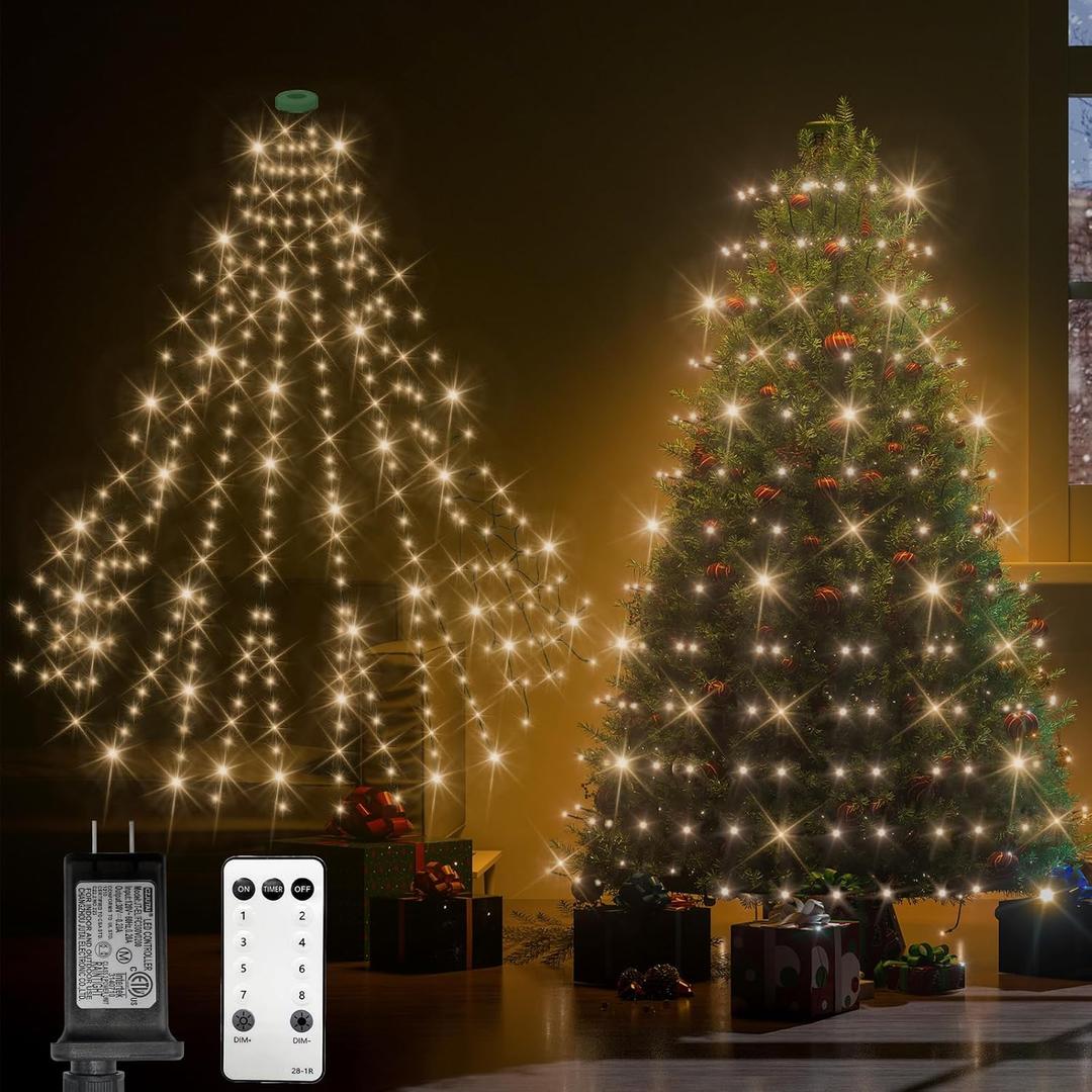 Christmas Tree Lights,532Leds 8.2Ft 14 Lines Forked Christmas Lights with 8 Modes and Timer,Dimmable Cascading Christmas Tree Lights Outdoor Indoor for 6-8Ft Xmas Trees Decor(Warm White)