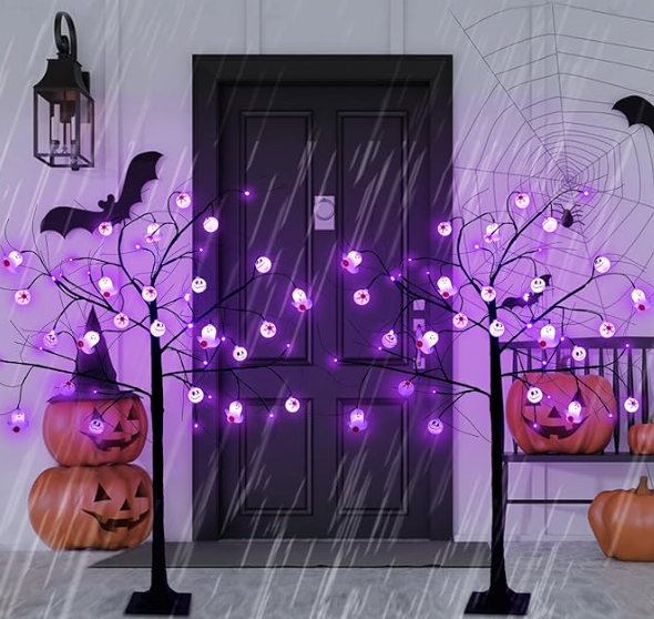2 Pack 4 FT Spooky Black Halloween Tree with Timer,48 LED Purple Lights with Eyeball Ghost Grimace DIY Ornaments,Artificial Halloween Tree Decorations Indoor Outdoor (Purple)
