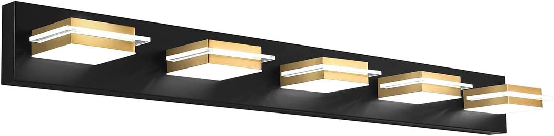 5 Light Bathroom Vanity Light Gold Black LED Dimmable Bath Light Over Mirror Golden Wall Sconce with Acrylic Lampshade,White Light 3000K-6000K,3 Color